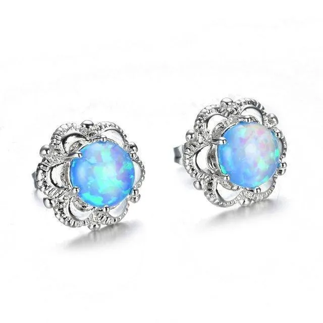 11 Styles, Fire Opal Double Stud Earrings - 925 Sterling Silver Filled