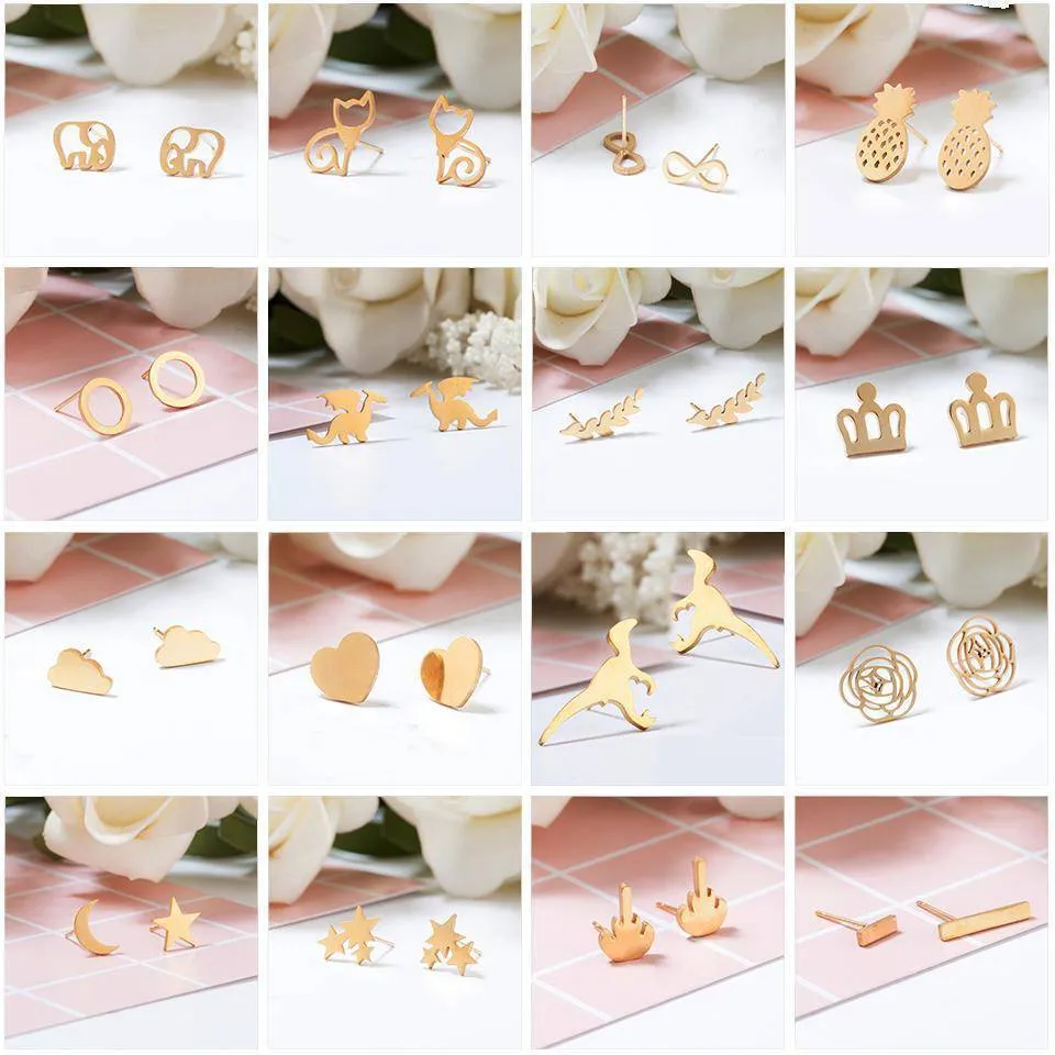 15 Styles, Minimalist Shiny Gold Cute Stud Earrings Stainless Steel