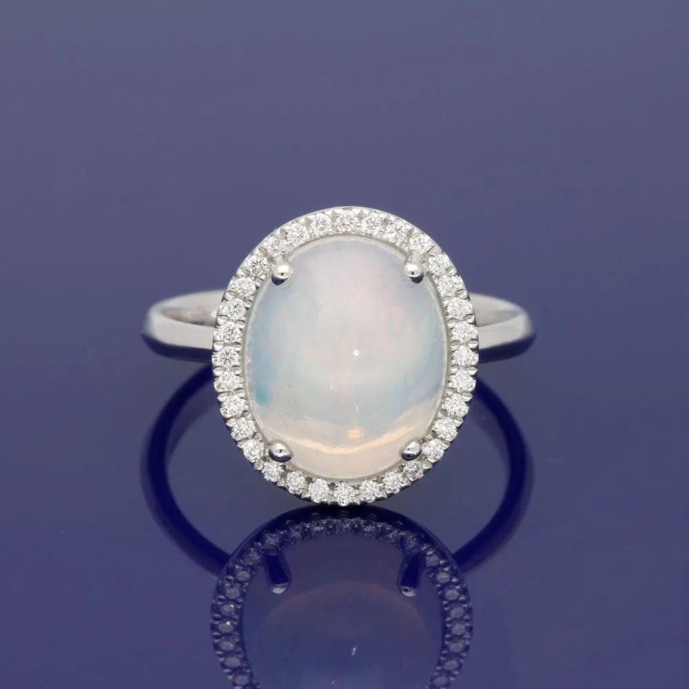 18ct White Gold Large Opal & Diamond Oval Cluster Ring