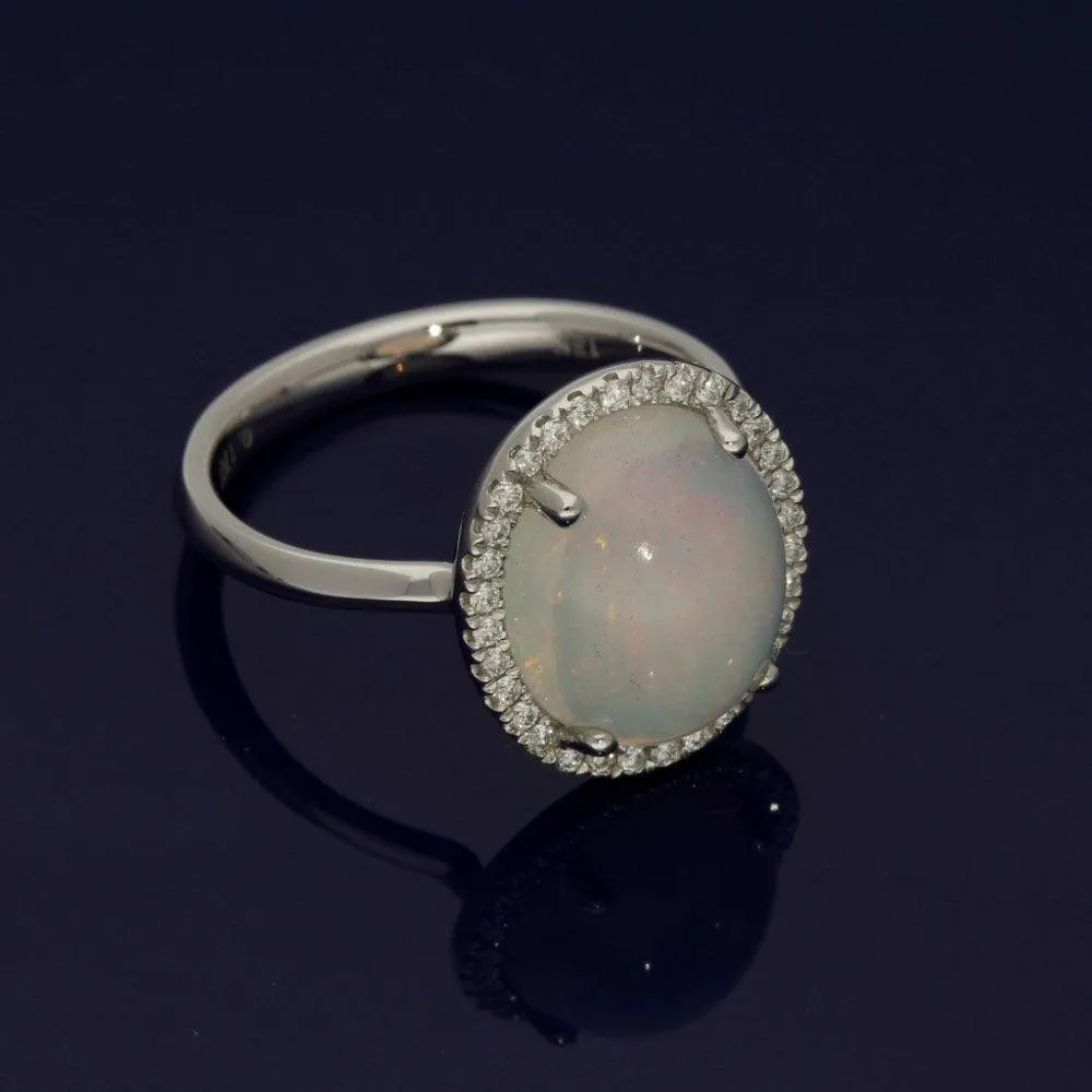 18ct White Gold Large Opal & Diamond Oval Cluster Ring