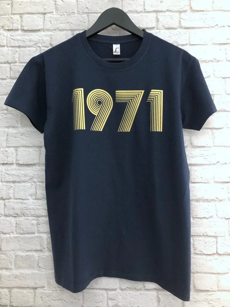 1971 T Shirt Metallic Gold or Silver Foil, 51st Birthday Gift T-Shirt in Retro & Vintage 70s style, MCMLXXI Fiftieth Unisex Tee Shirt Top