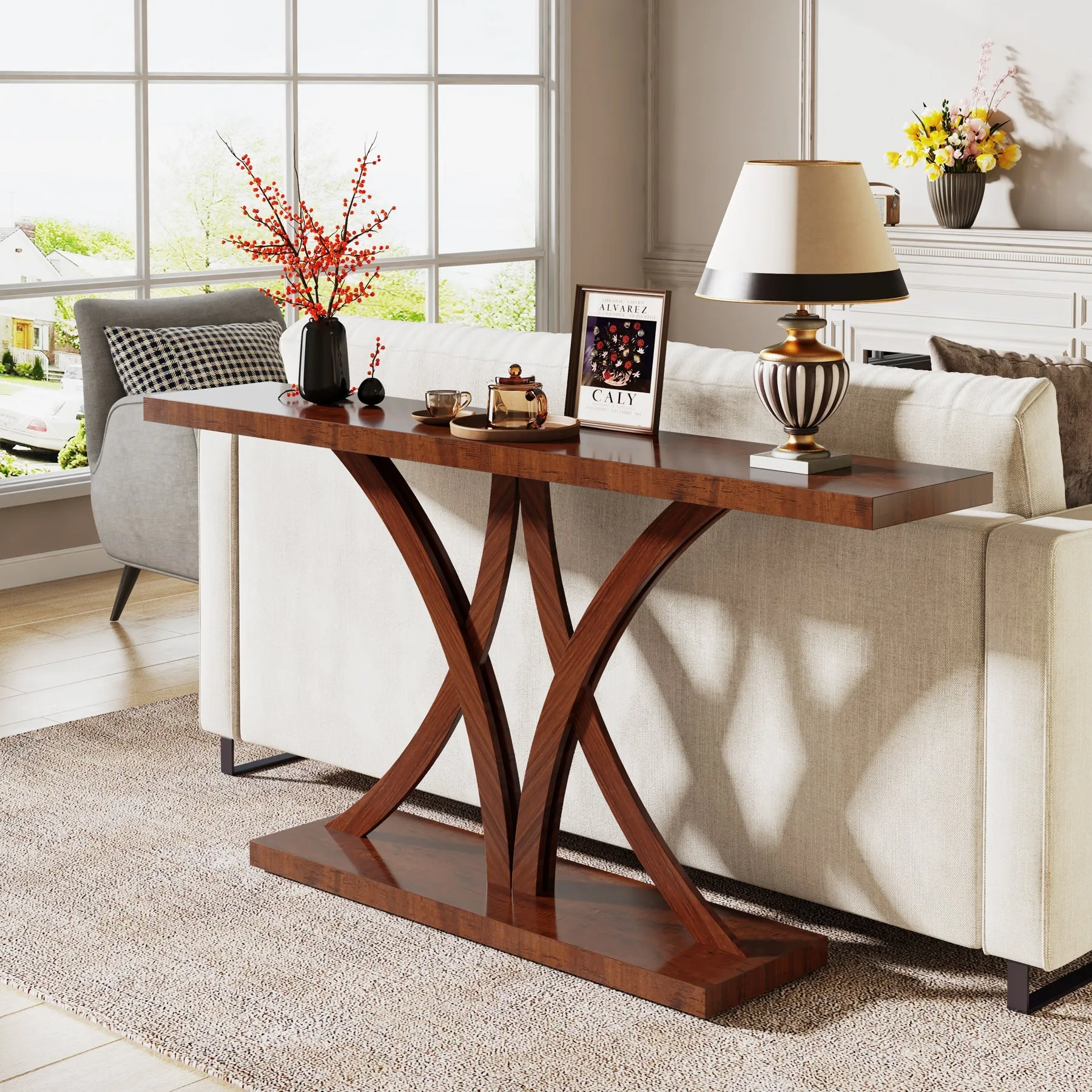 63" Farmhouse Console Table, Industrial Wood Sofa Entryway Table