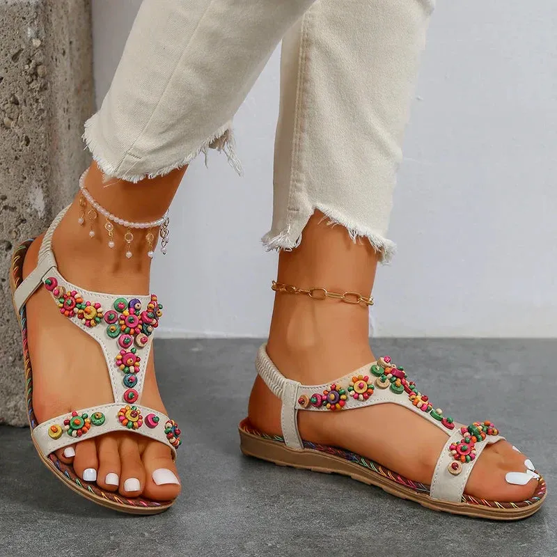 AMOZAE- - Boho-Chic Beaded T-Strap Sandals Colorful, Comfy, and Trendy