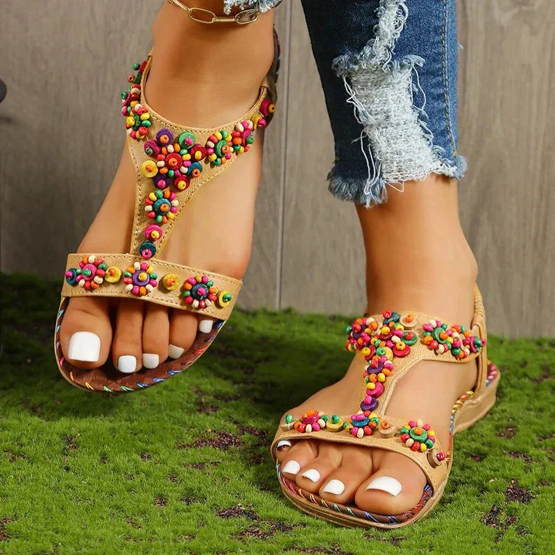 AMOZAE- - Boho-Chic Beaded T-Strap Sandals Colorful, Comfy, and Trendy