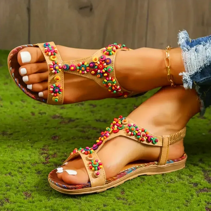 AMOZAE- - Boho-Chic Beaded T-Strap Sandals Colorful, Comfy, and Trendy