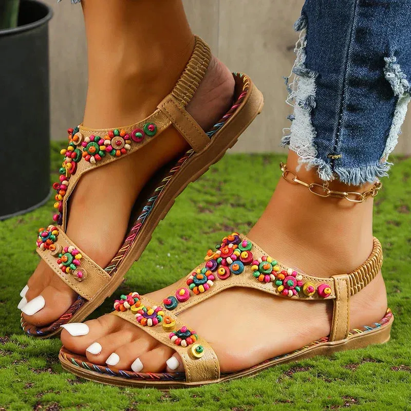 AMOZAE- - Boho-Chic Beaded T-Strap Sandals Colorful, Comfy, and Trendy