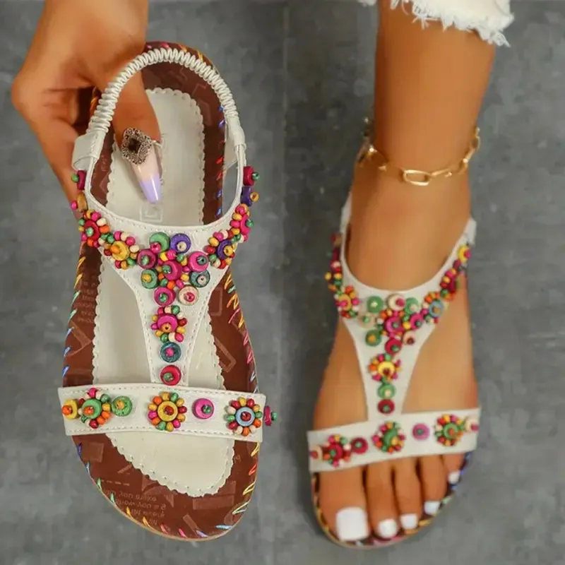 AMOZAE- - Boho-Chic Beaded T-Strap Sandals Colorful, Comfy, and Trendy