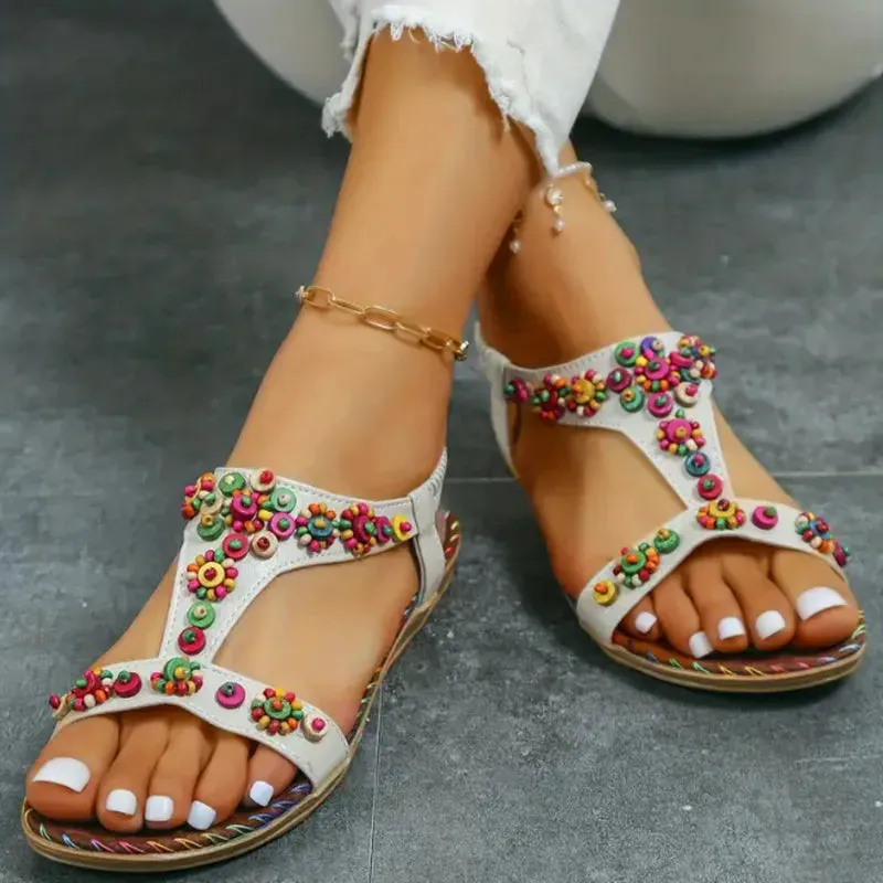 AMOZAE- - Boho-Chic Beaded T-Strap Sandals Colorful, Comfy, and Trendy