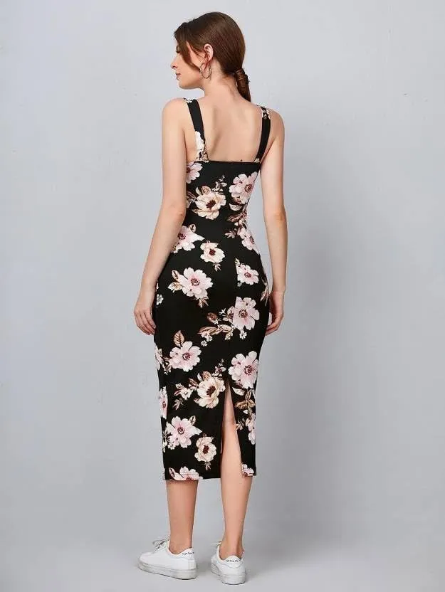 Attire Empire Women Bodycon Black Floral Printed Midi Dress