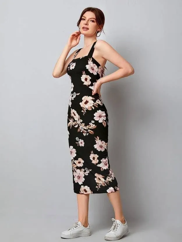 Attire Empire Women Bodycon Black Floral Printed Midi Dress