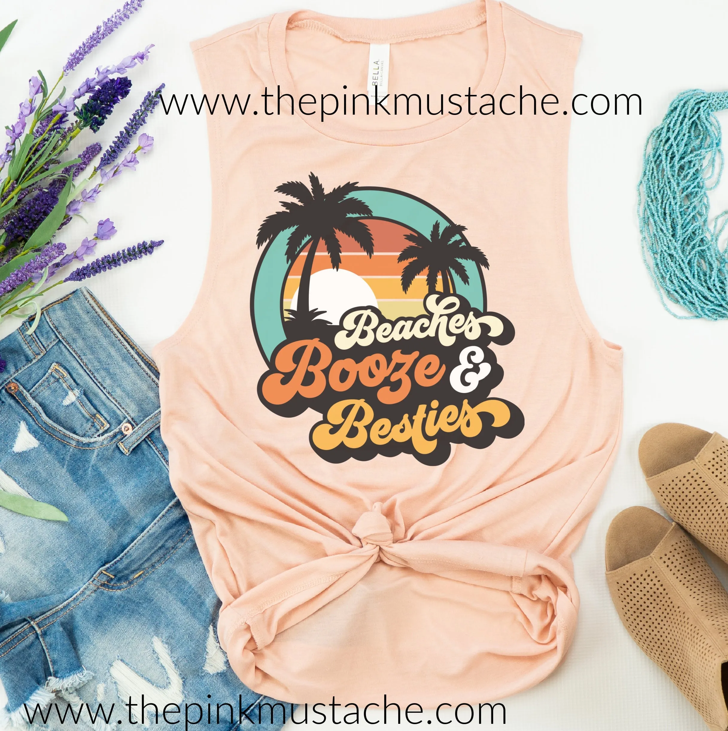 Beaches, Booze, and Besties Girls Group Trip Softstyle Bella Tank / Fun Hippie Vibes Tee