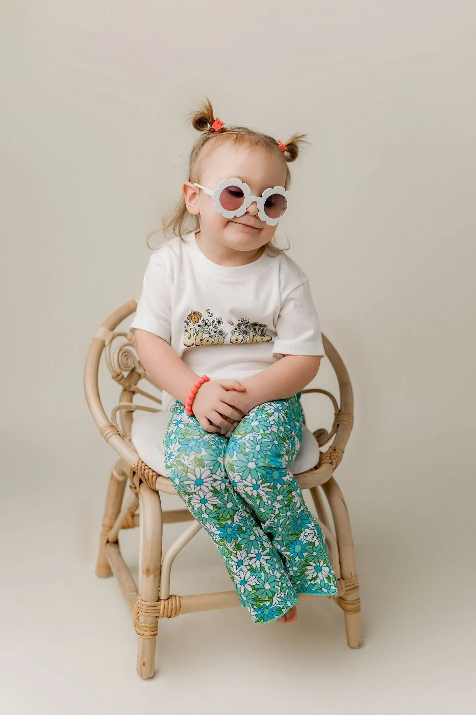 Blue Flower Power Jersey Knit Bell Bottoms For Babies, Toddlers And Girls