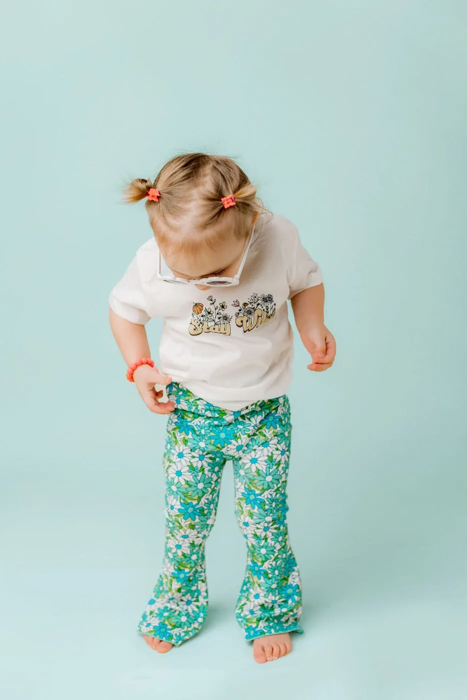 Blue Flower Power Jersey Knit Bell Bottoms For Babies, Toddlers And Girls