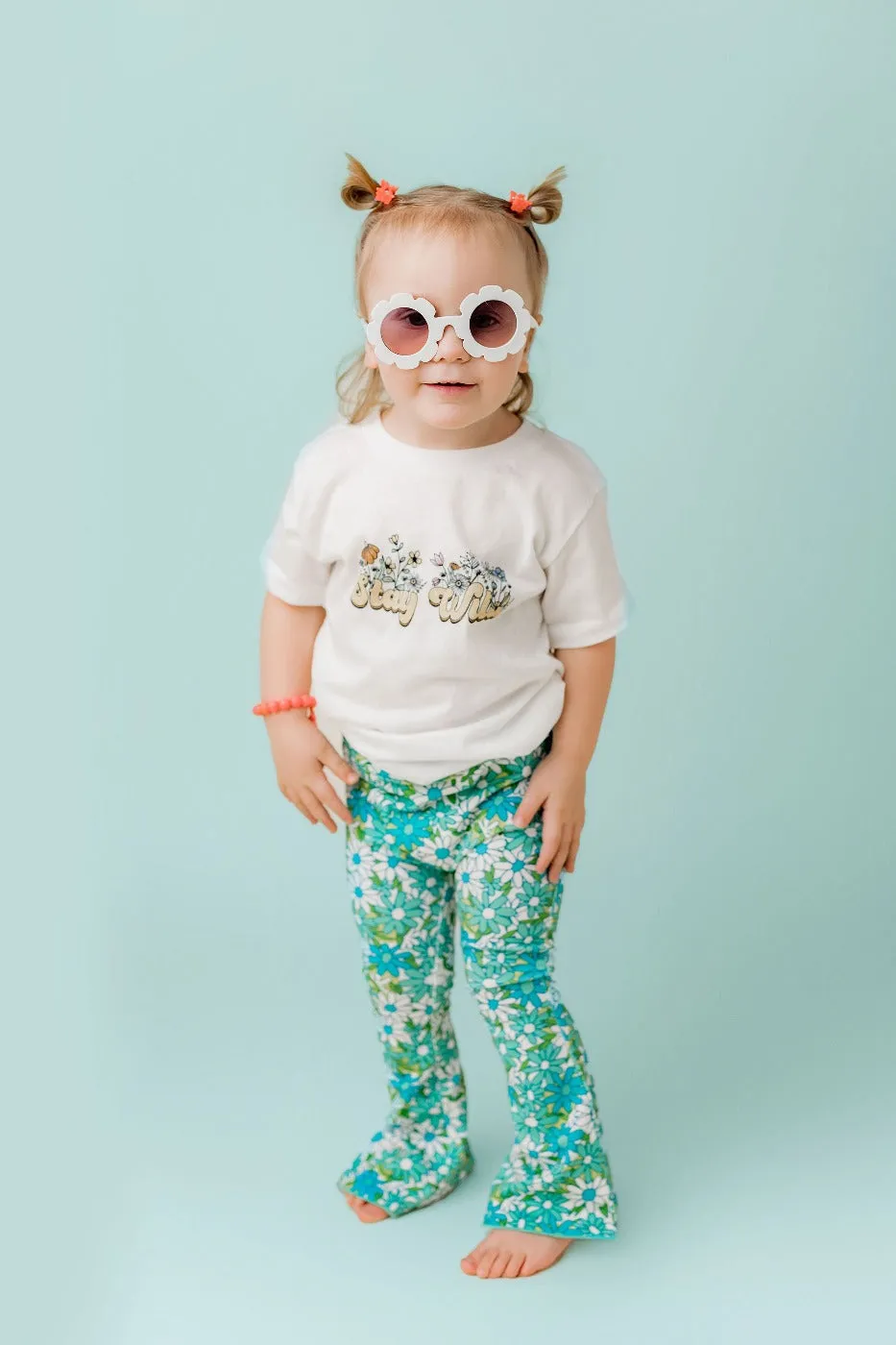 Blue Flower Power Jersey Knit Bell Bottoms For Babies, Toddlers And Girls