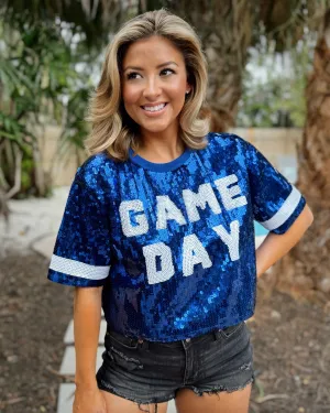 Blue Sequin “GAME DAY” Crop