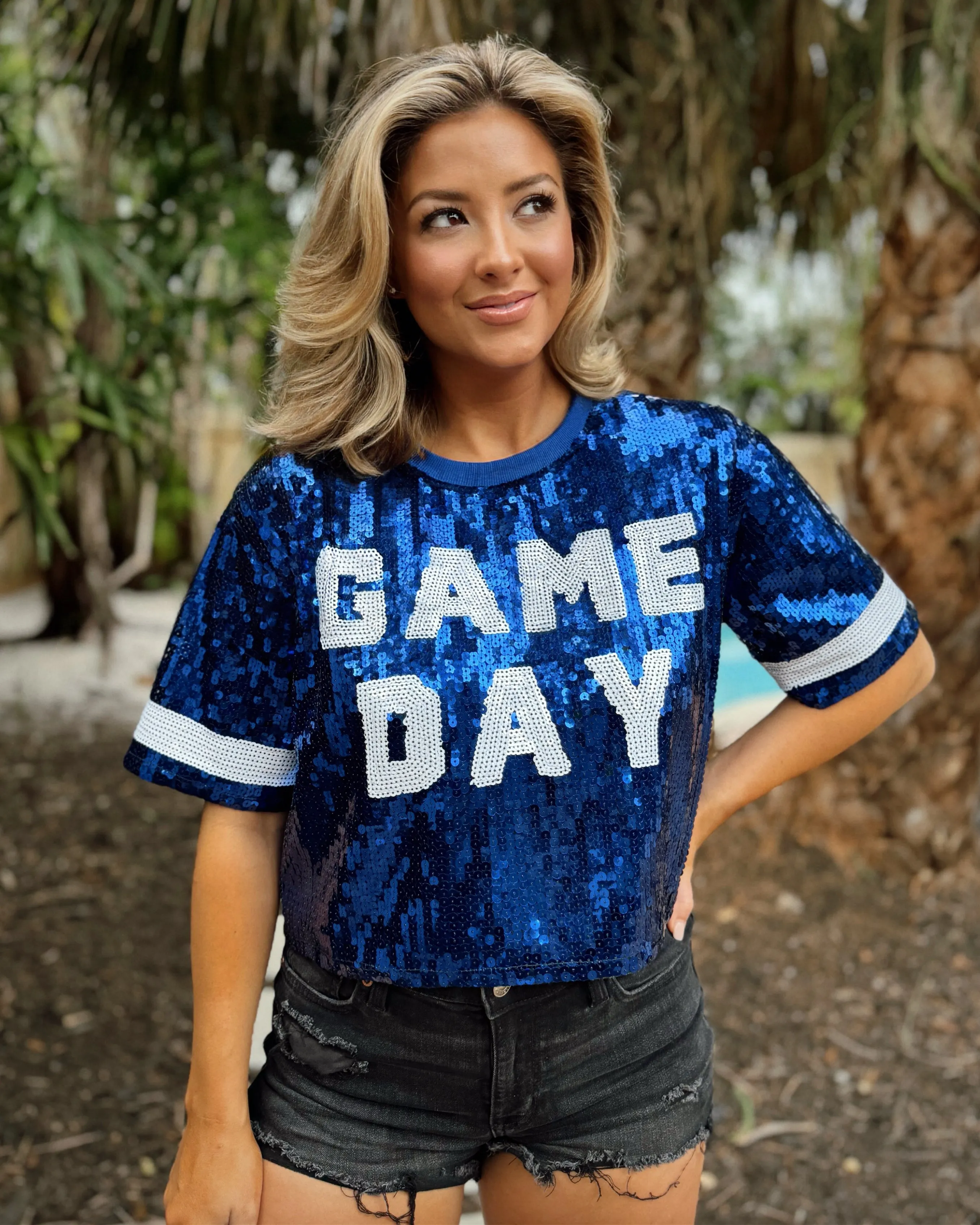 Blue Sequin “GAME DAY” Crop