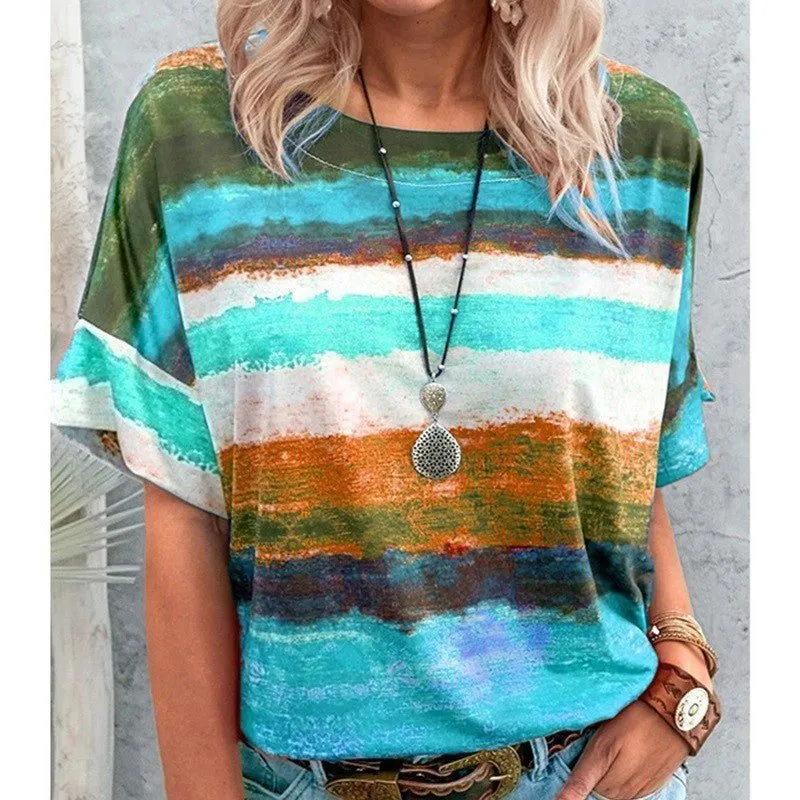 Bohemian Striped Watercolor Style Short Sleeved Tee