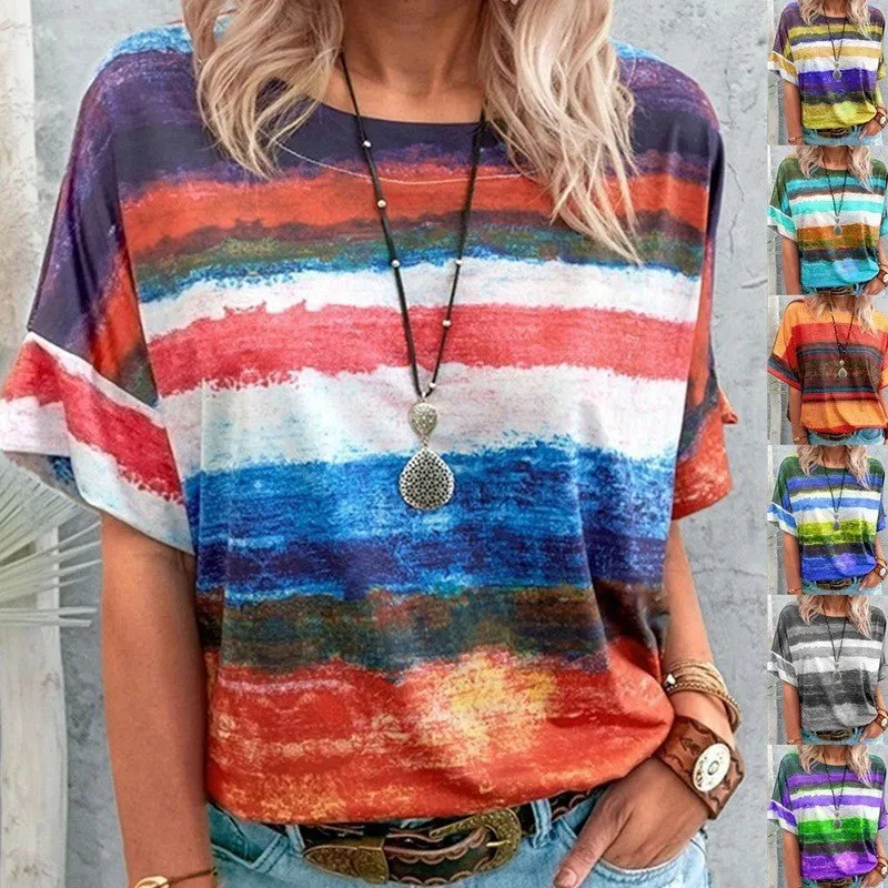 Bohemian Striped Watercolor Style Short Sleeved Tee