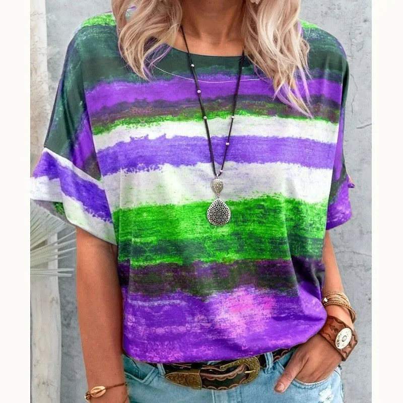 Bohemian Striped Watercolor Style Short Sleeved Tee