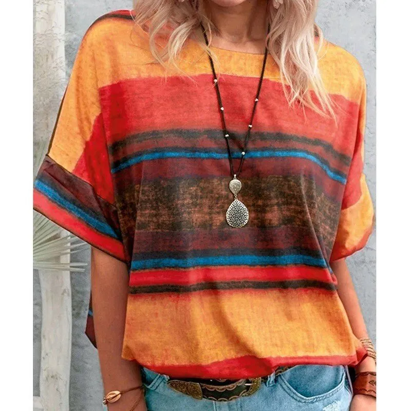 Bohemian Striped Watercolor Style Short Sleeved Tee