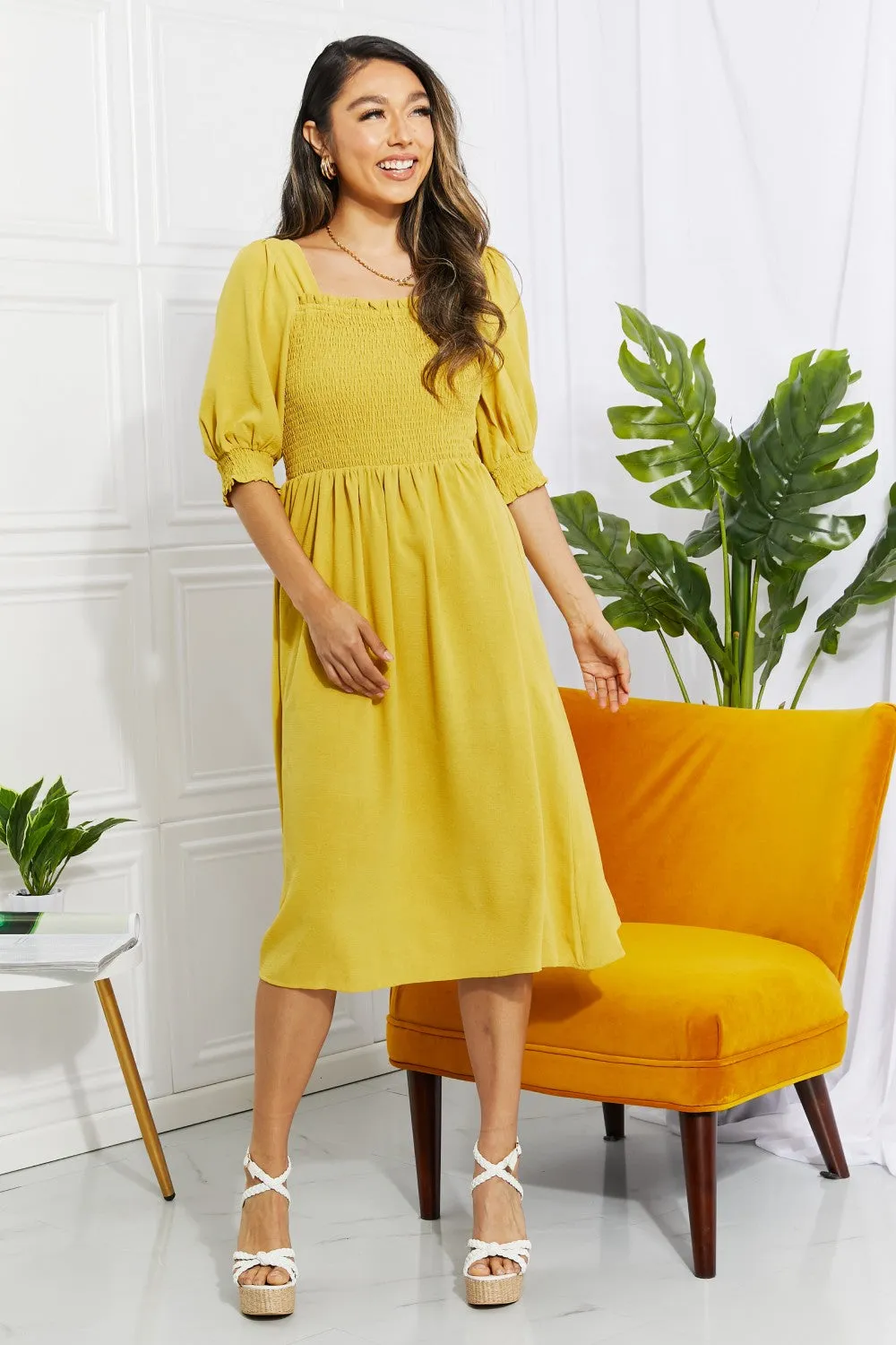 Bright Yellow Square Neck Midi Dress By ODDI