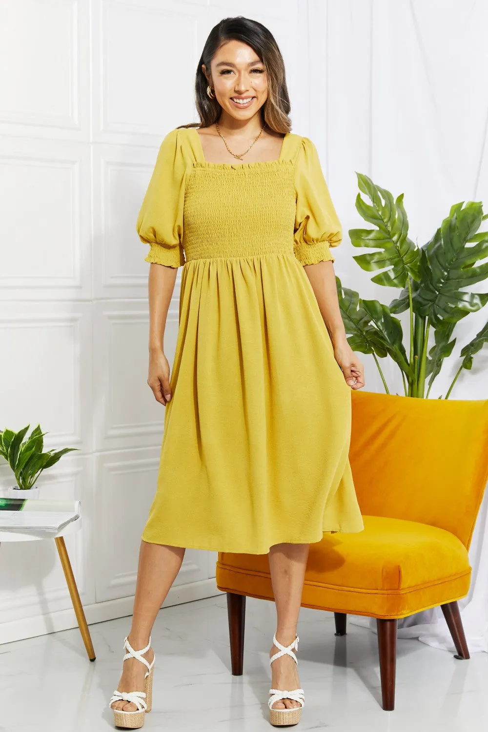 Bright Yellow Square Neck Midi Dress By ODDI