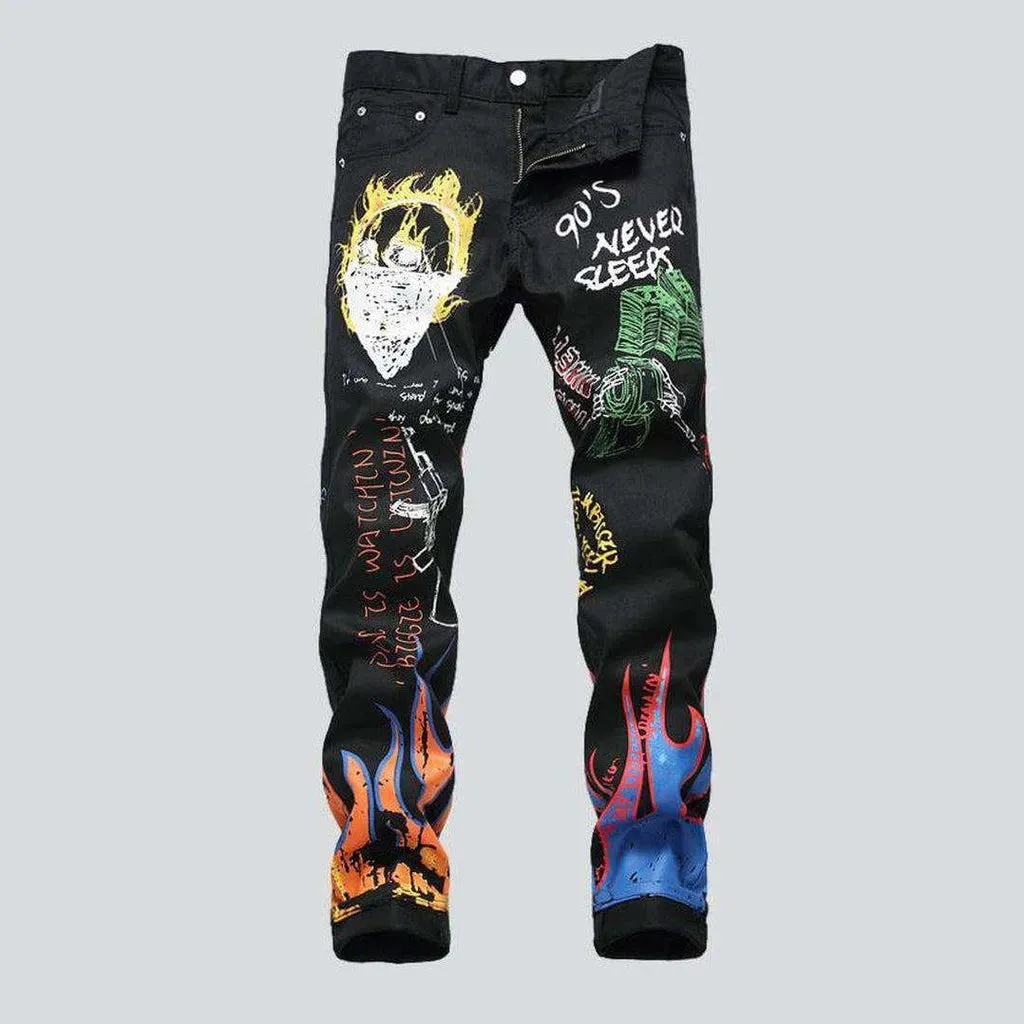 Color flame-painted men's jeans