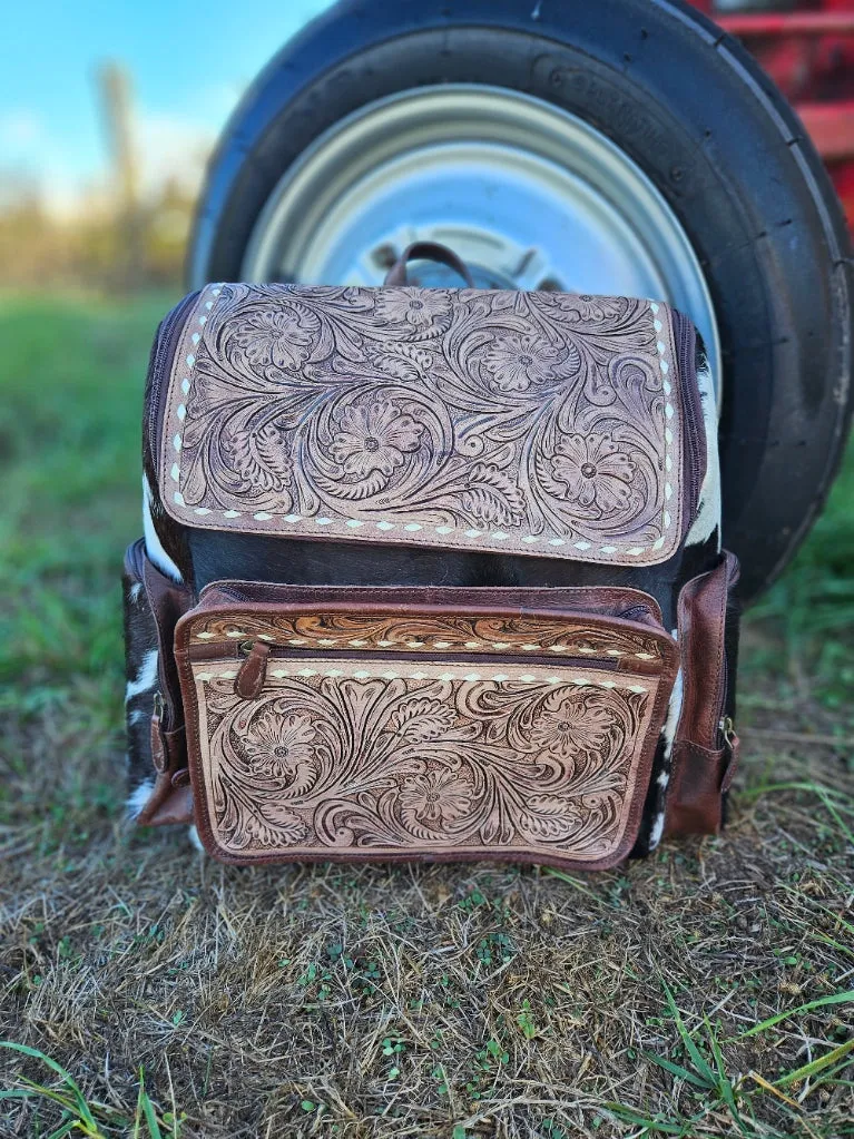 Cowhide Hand Tooled Diaper Bag