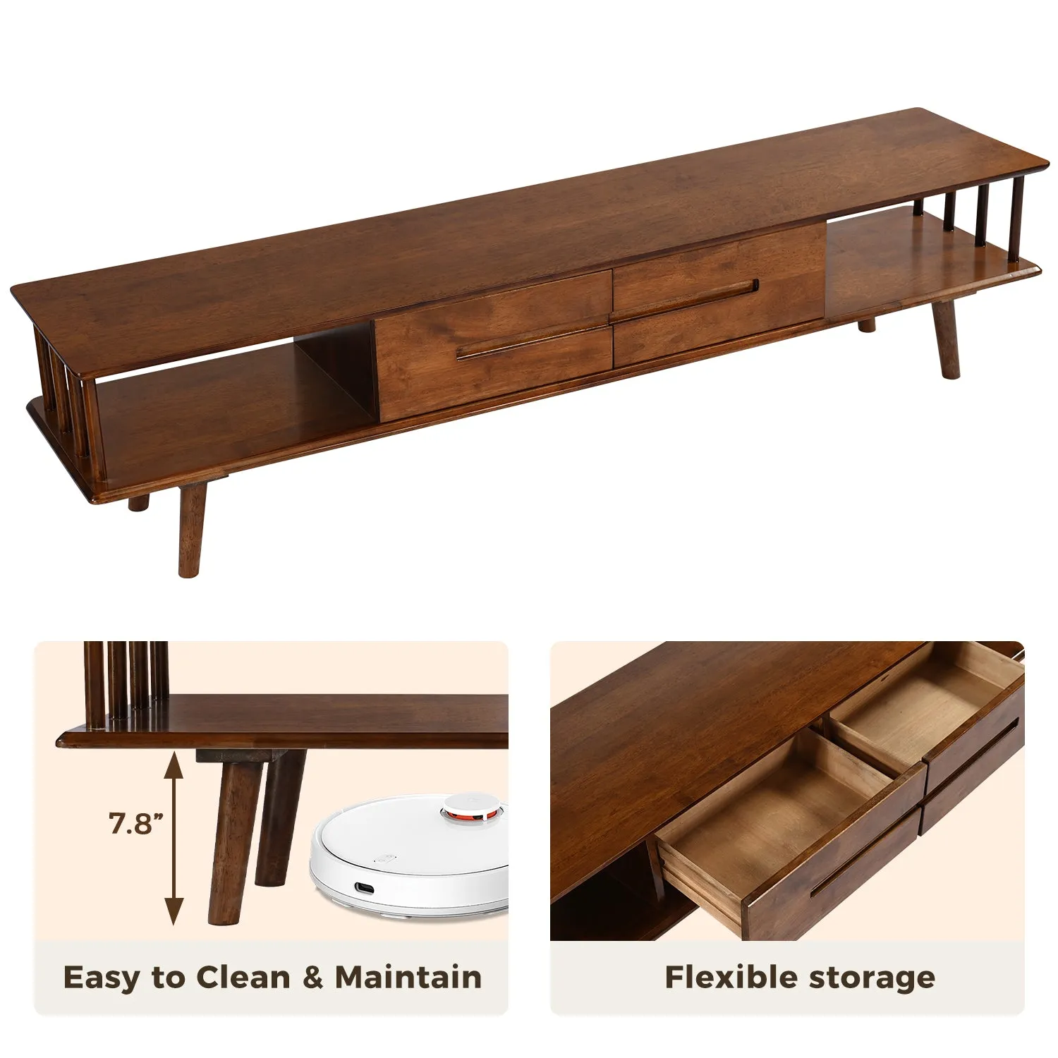 DELAVIN Solid Wood TV Stand with Fence Line Storage