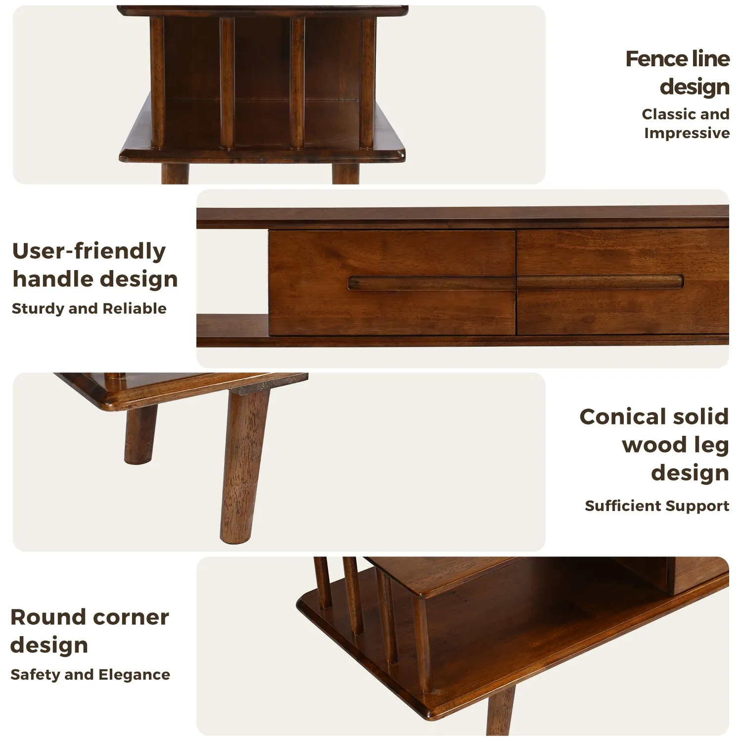 DELAVIN Solid Wood TV Stand with Fence Line Storage