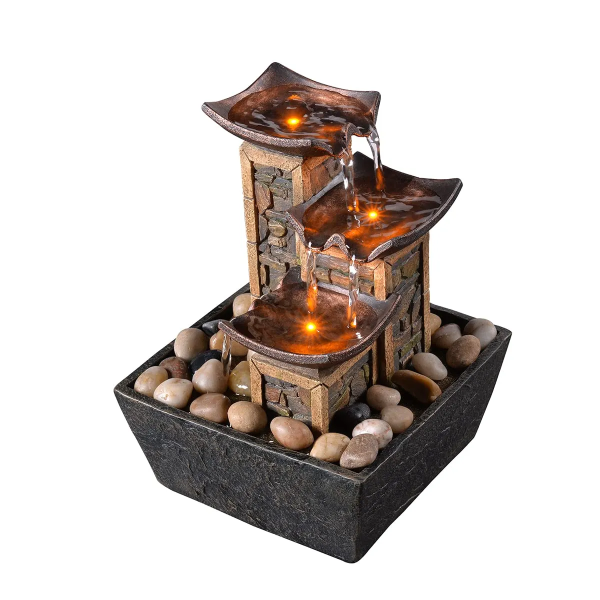 GOSSI Indoor 3-Tier Relaxation Tabletop Fountain Simulation Stone Pillar Water Fountain Soothing Sound Meditation Fountain with Natural River Rocks and Reflective Lighting Feature