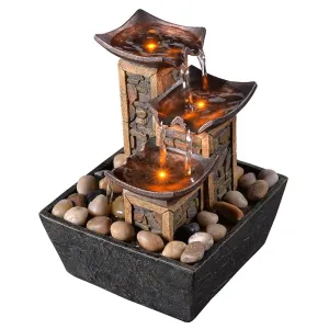 GOSSI Indoor 3-Tier Relaxation Tabletop Fountain Simulation Stone Pillar Water Fountain Soothing Sound Meditation Fountain with Natural River Rocks and Reflective Lighting Feature