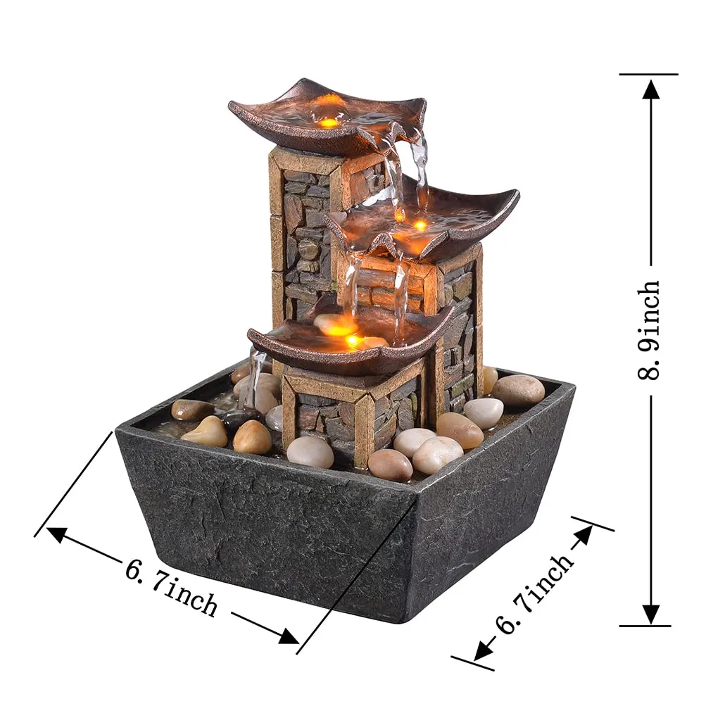 GOSSI Indoor 3-Tier Relaxation Tabletop Fountain Simulation Stone Pillar Water Fountain Soothing Sound Meditation Fountain with Natural River Rocks and Reflective Lighting Feature