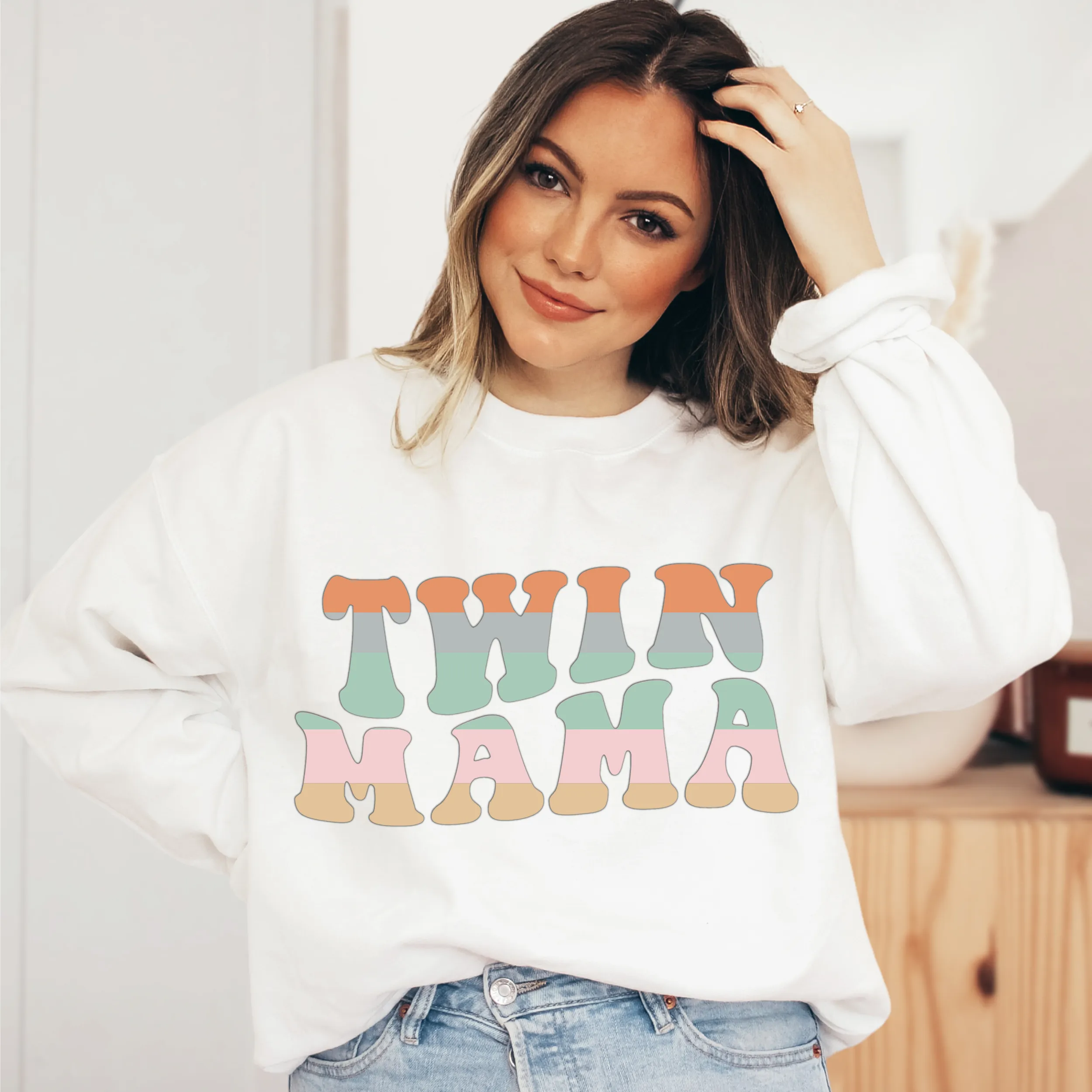 Groovy Twin Mama Sweatshirt - Retro Mommy Gift, Pregnancy Announcement, Mother Of Twins, New Mom To Be Gift - Unisex Crewneck Sweatshirt