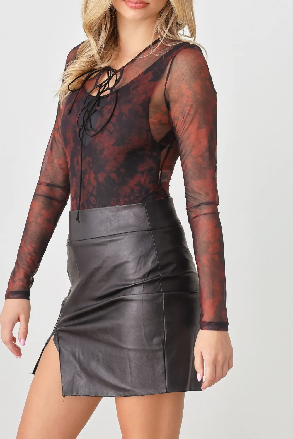 HERA COLLECTION Abstract Mesh Lace-Up Long Sleeve Bodysuit