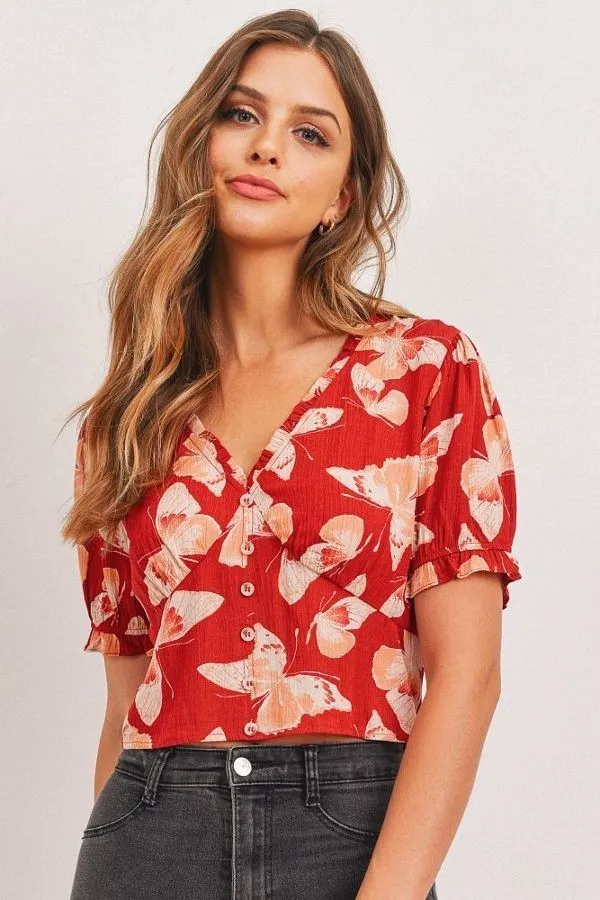 Hot Girl Butterfly Effect Buttoned Smocked Waist Short Sleeve Top In Red