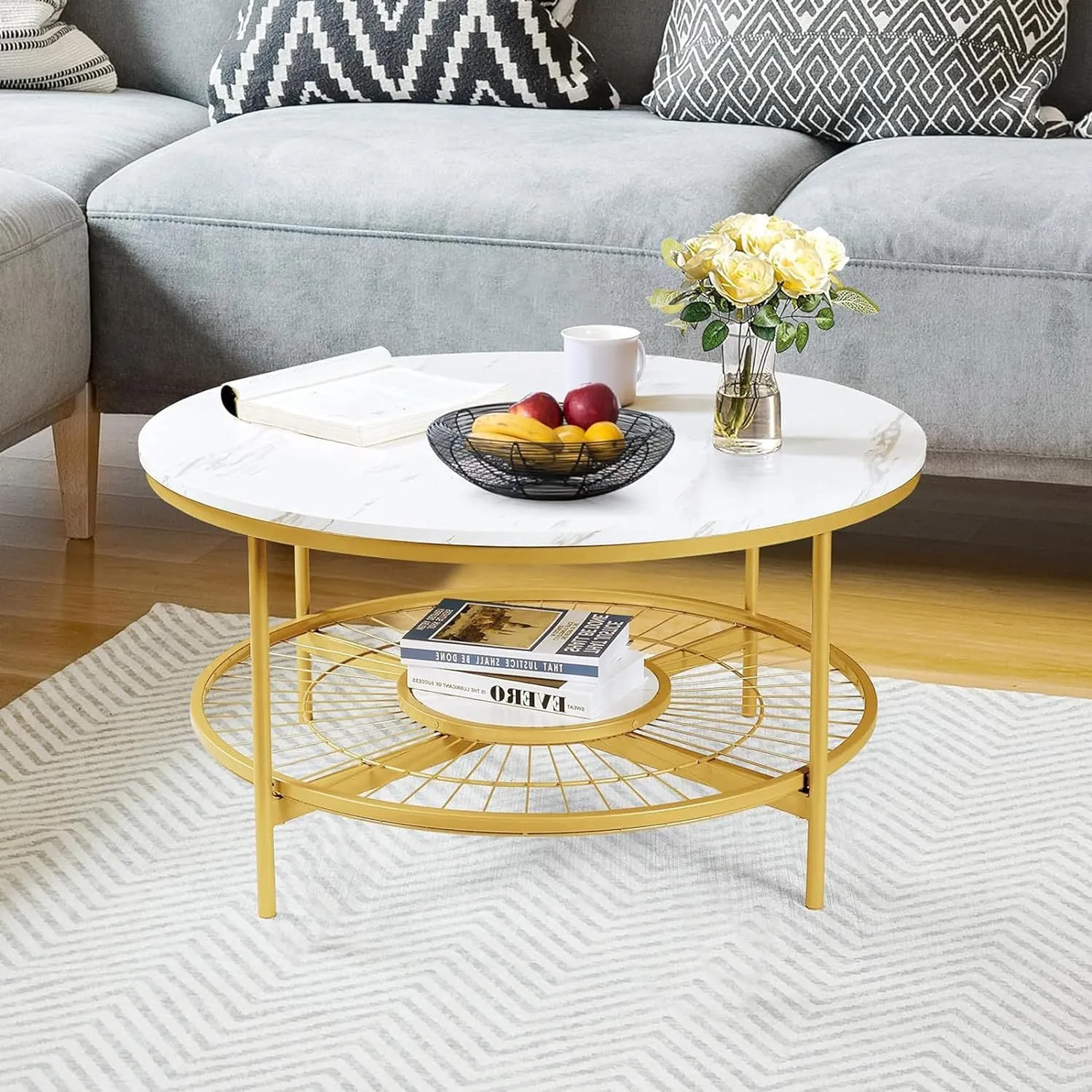 Insight Arts Coffee Table in Round Form for Living Room: Contemporary Coffee Table with Open Storage in The Shape of a Sun, Marble-Look Wooden Surface, Sturdy Metal Structure-White Gold