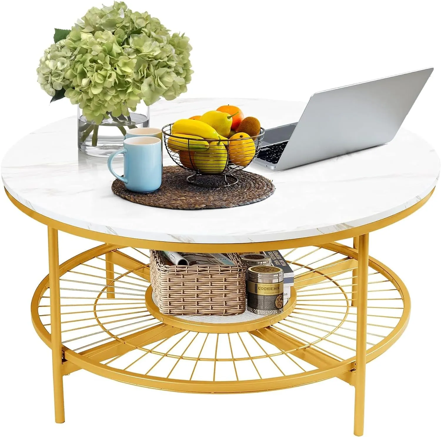 Insight Arts Coffee Table in Round Form for Living Room: Contemporary Coffee Table with Open Storage in The Shape of a Sun, Marble-Look Wooden Surface, Sturdy Metal Structure-White Gold