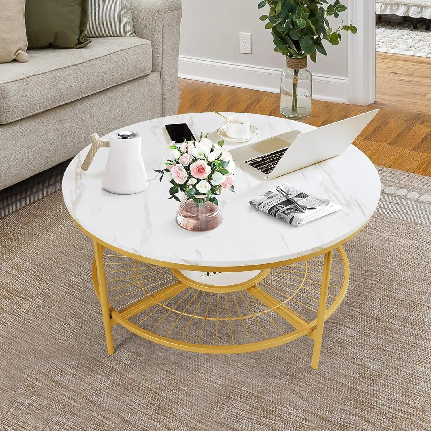 Insight Arts Coffee Table in Round Form for Living Room: Contemporary Coffee Table with Open Storage in The Shape of a Sun, Marble-Look Wooden Surface, Sturdy Metal Structure-White Gold