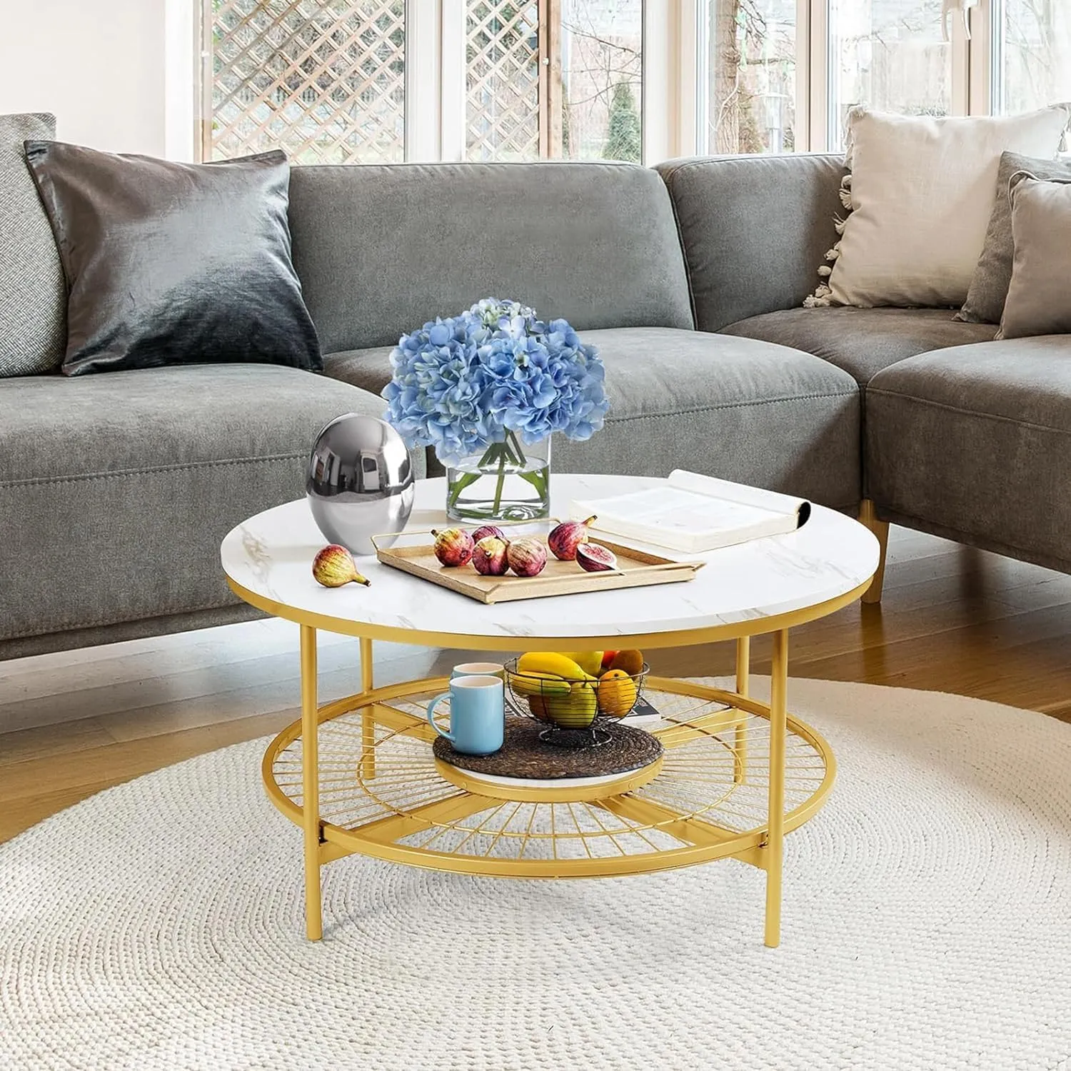 Insight Arts Coffee Table in Round Form for Living Room: Contemporary Coffee Table with Open Storage in The Shape of a Sun, Marble-Look Wooden Surface, Sturdy Metal Structure-White Gold