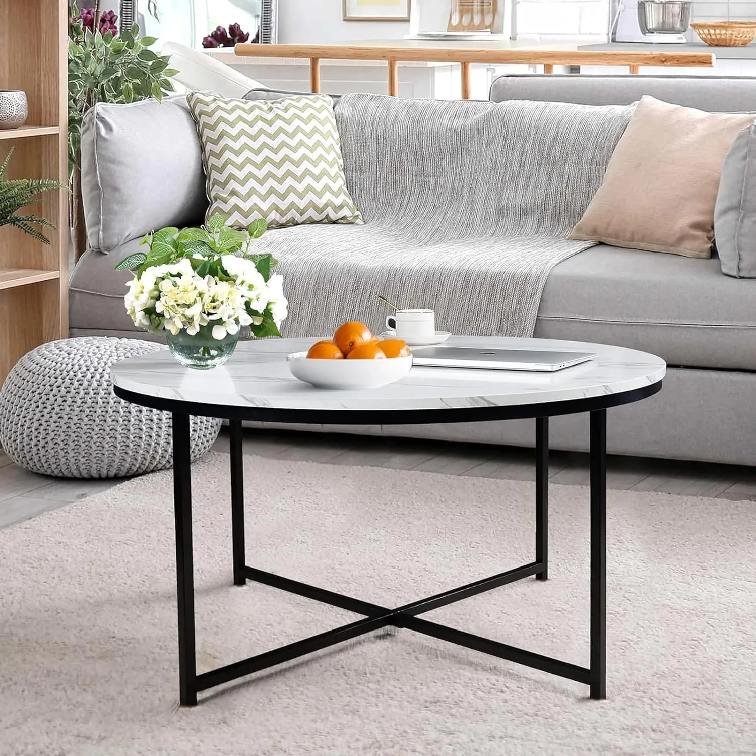 Insight Arts Coffee Table, Round Coffee Table with X-Base, Modern Round Sofa Center Tea Table with Sturdy Metal Frame for Living Room-Black White