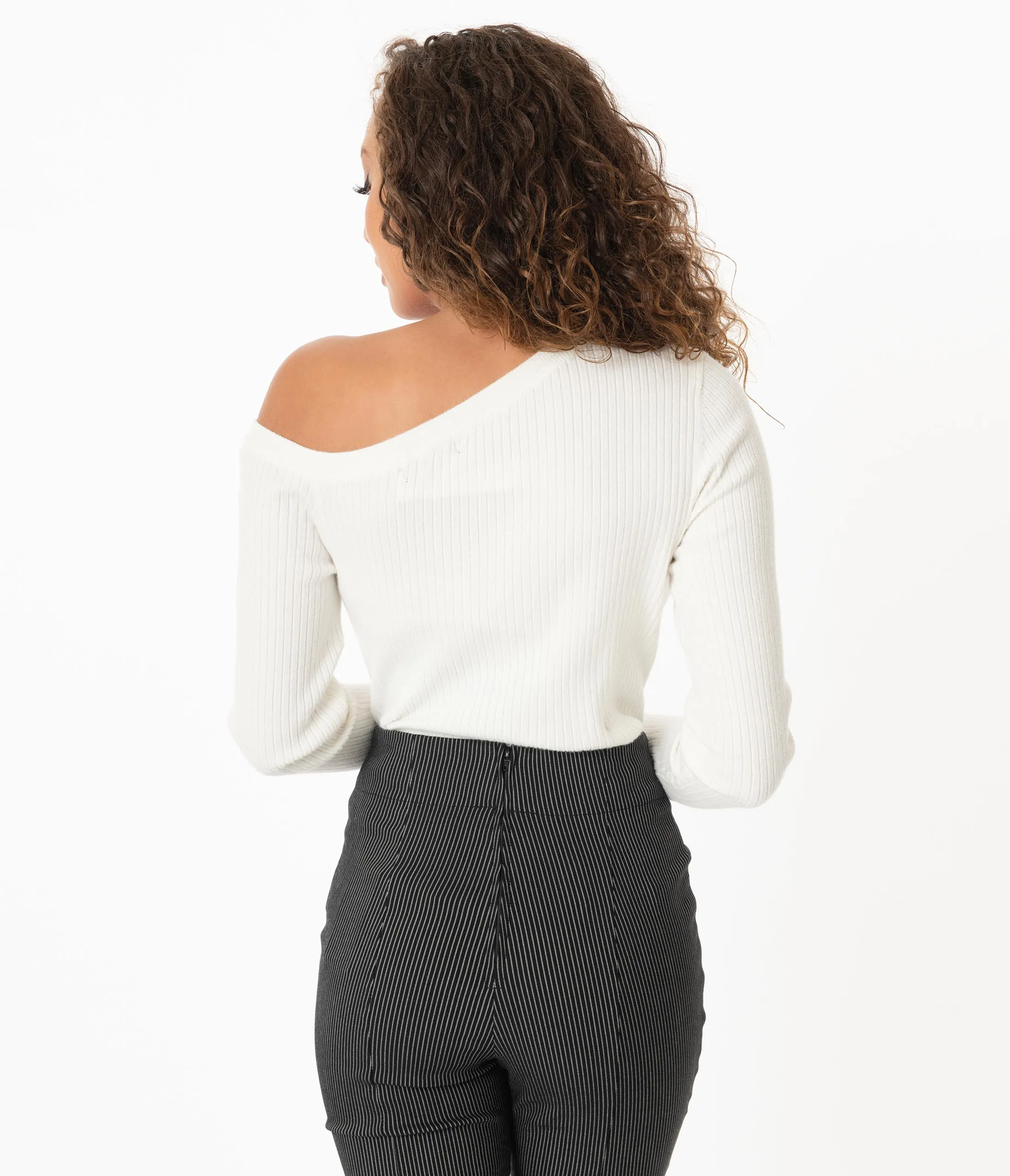 Ivory Asymmetrical Neckline Knit Sweater