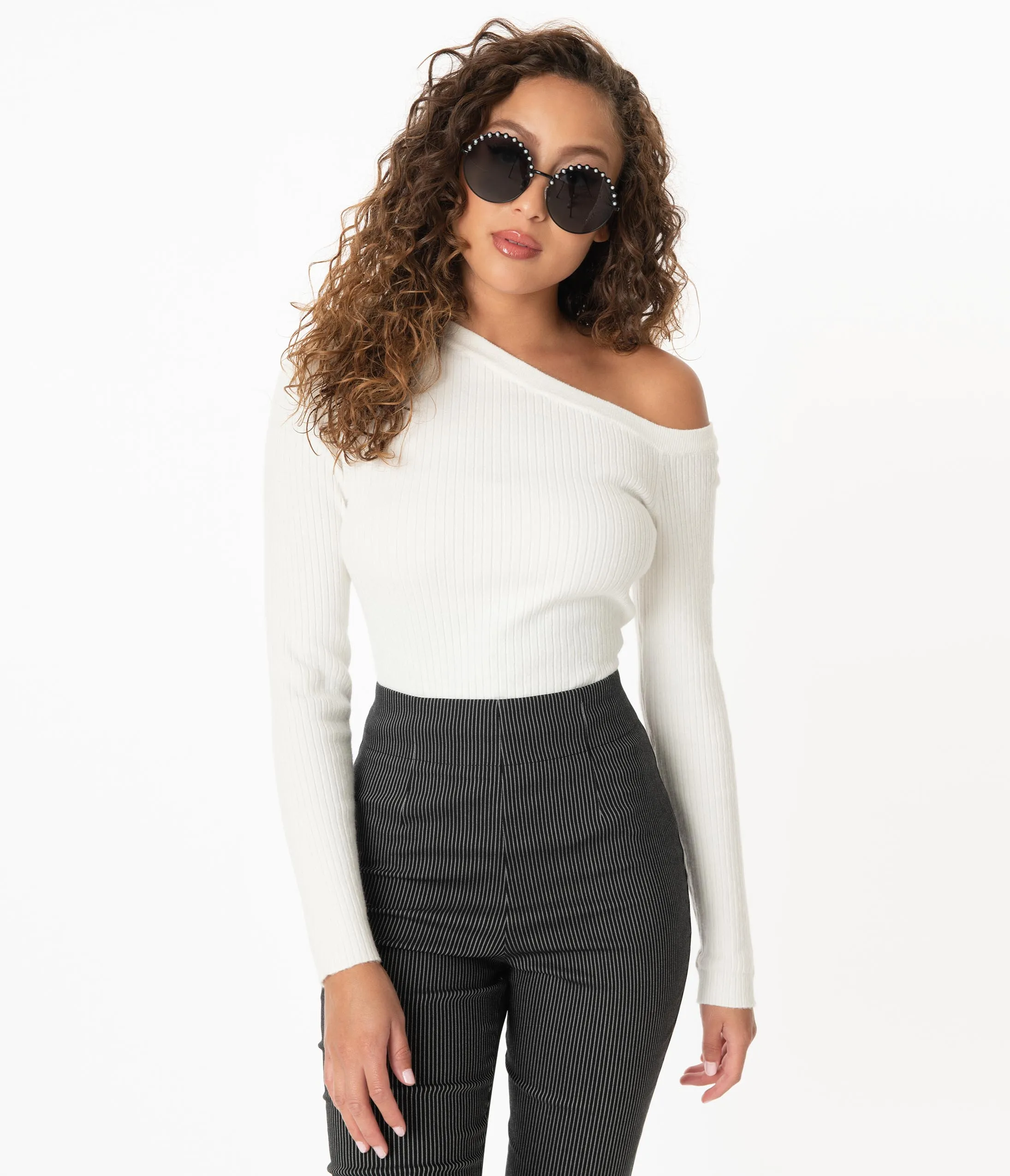 Ivory Asymmetrical Neckline Knit Sweater