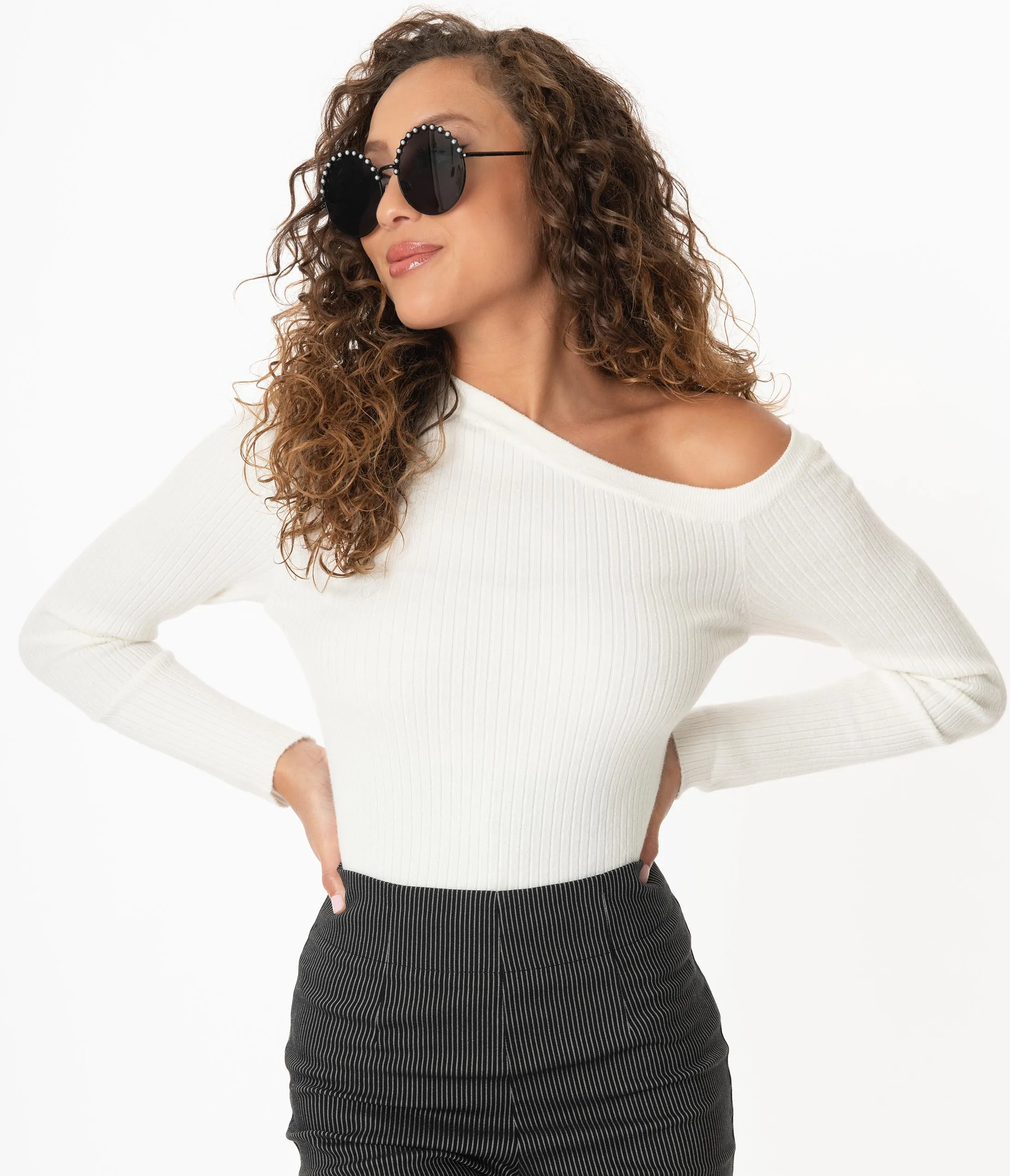 Ivory Asymmetrical Neckline Knit Sweater