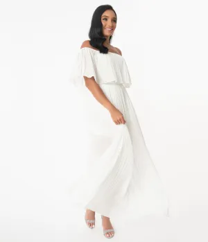 Ivory Off Shoulder Pleated Maxi Dress