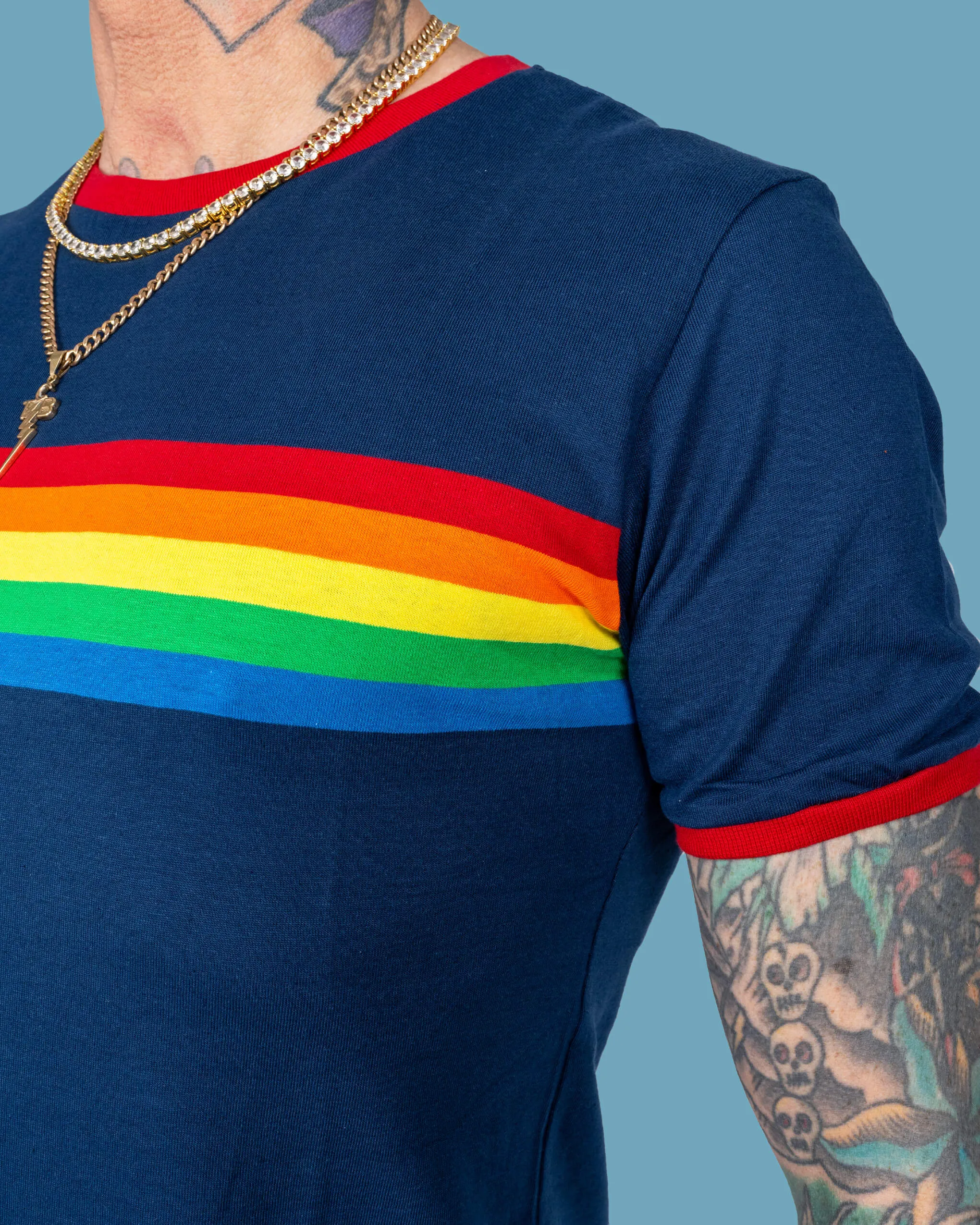 Navy Ringer Retro Rainbow Striped T Shirt