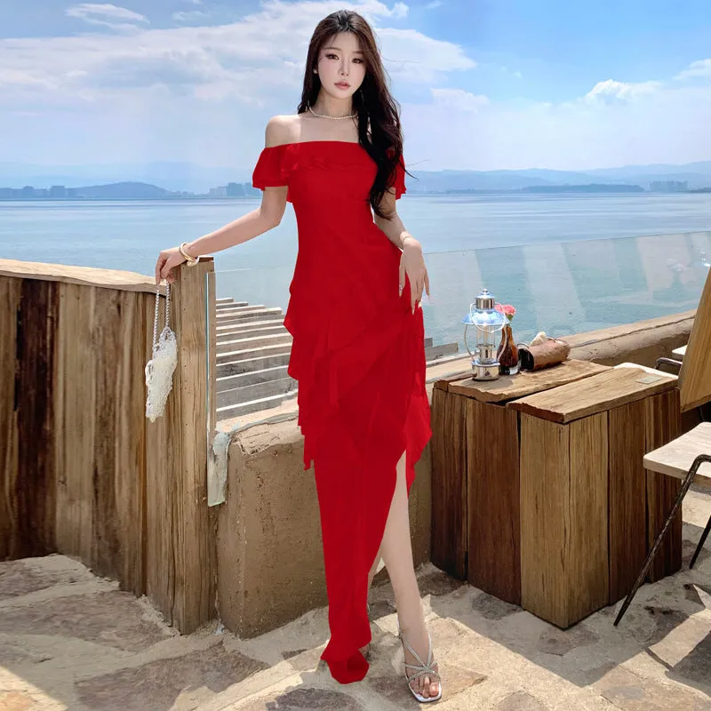 Off-shoulder Dress Spring Temperament Design Lotus Leaf Irregular