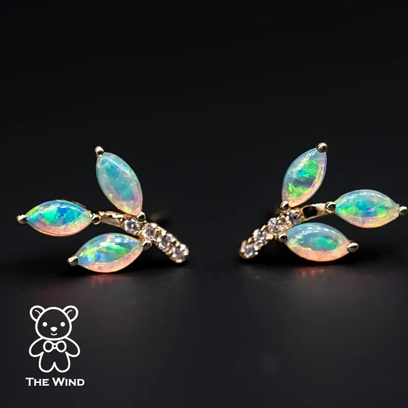 Olive Branch Leaf Design Australian Solid Opal Diamond Stud Earrings 14K Yellow Gold