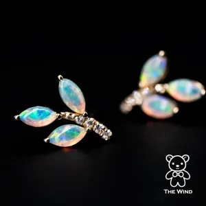 Olive Branch Leaf Design Australian Solid Opal Diamond Stud Earrings 14K Yellow Gold