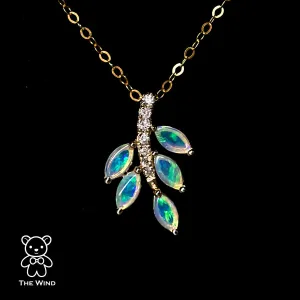 Olive Leaf Design Australian Opal Diamond Necklace 14K Yellow Gold